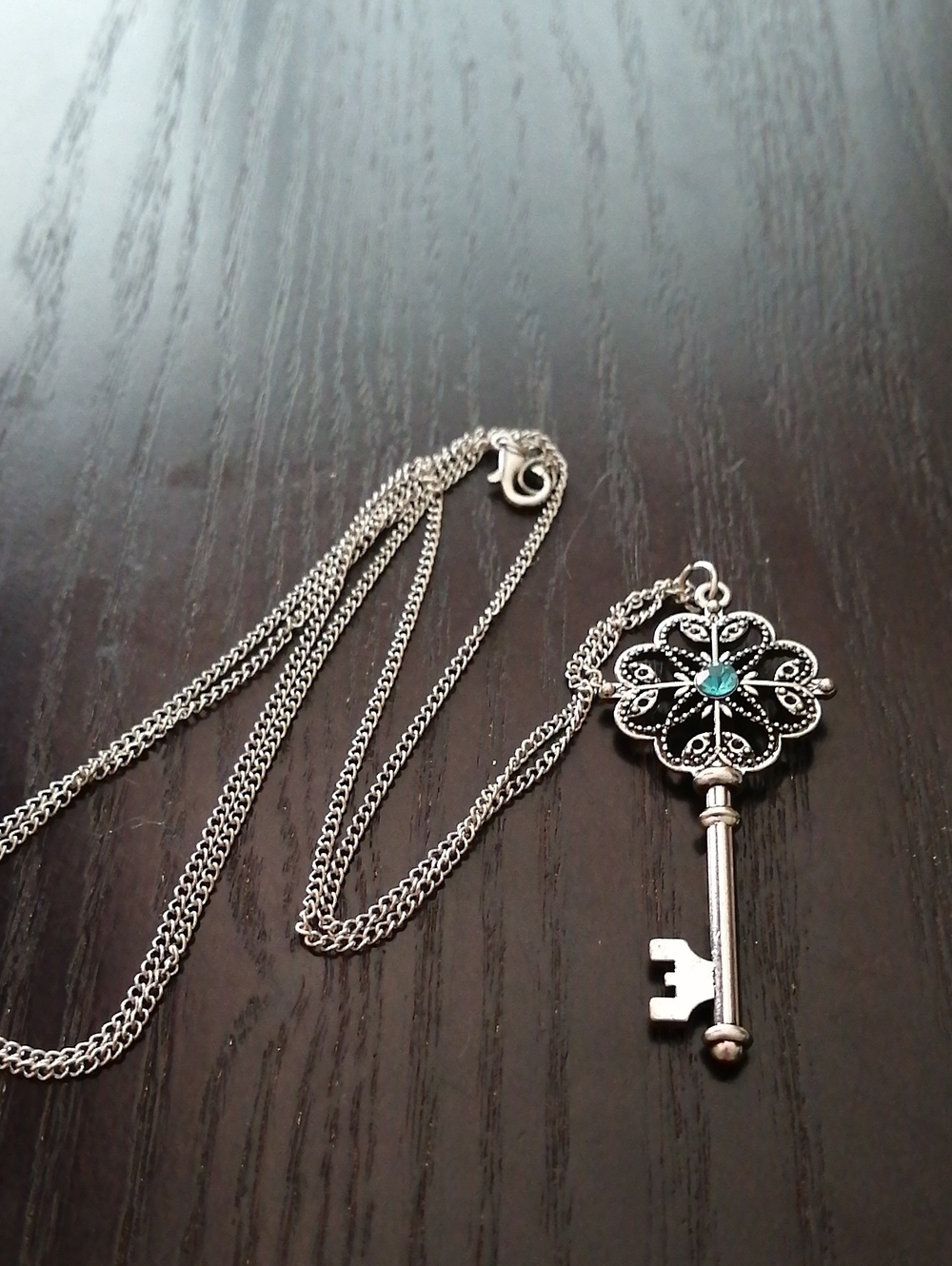 Double Sided Silver Key Pendant With Blue Crystal On 30"Ong Chain  Necklace